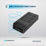 Powerology 2500W Power Strip with 6 AC Sockets & Built-in Retractable Cables, 5 USB Ports, USB-C & Lightning Outputs, Built-in Safeguards, Fire-Proof